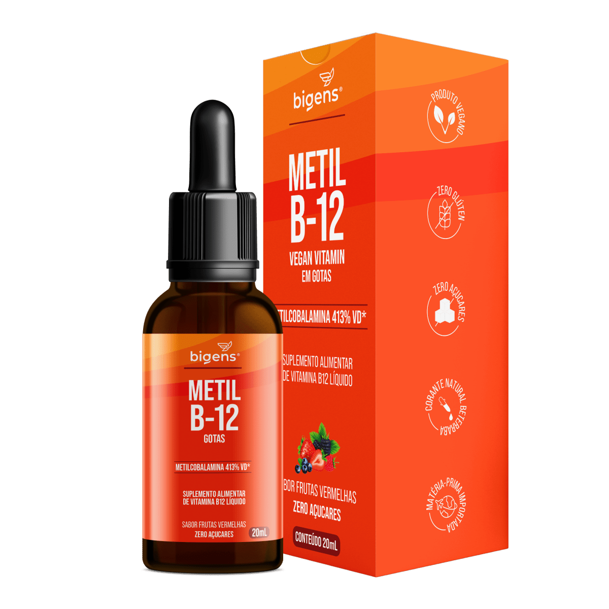 Metil B12 | Vegan Vitamina Líquida Metilcobalamina Sabor Frutas Vermelhas 20ml - Bigens