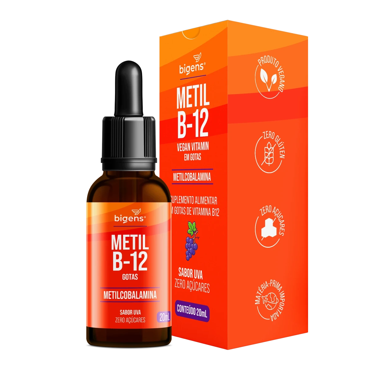 Metil B12 Vegano Metilcobalamina em Gotas Sabor Uva 20ml - Bigens