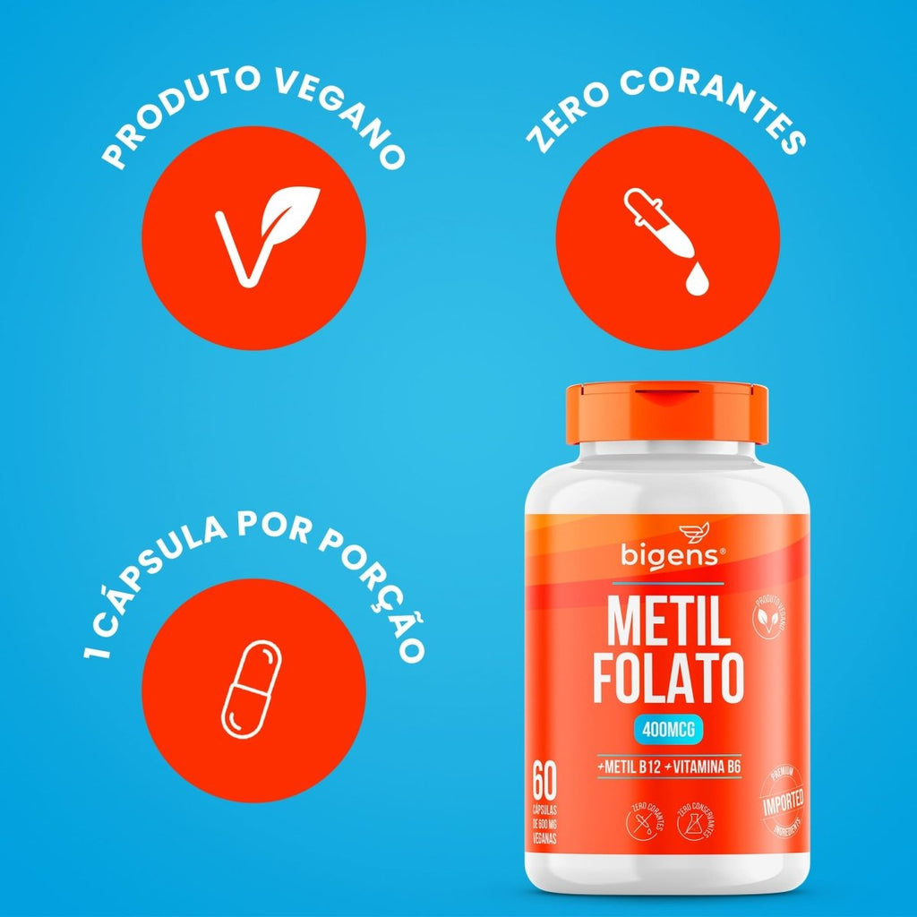 Metilfolato 400 mcg | Metil B12 + B6 60 Cápsulas - Bigens