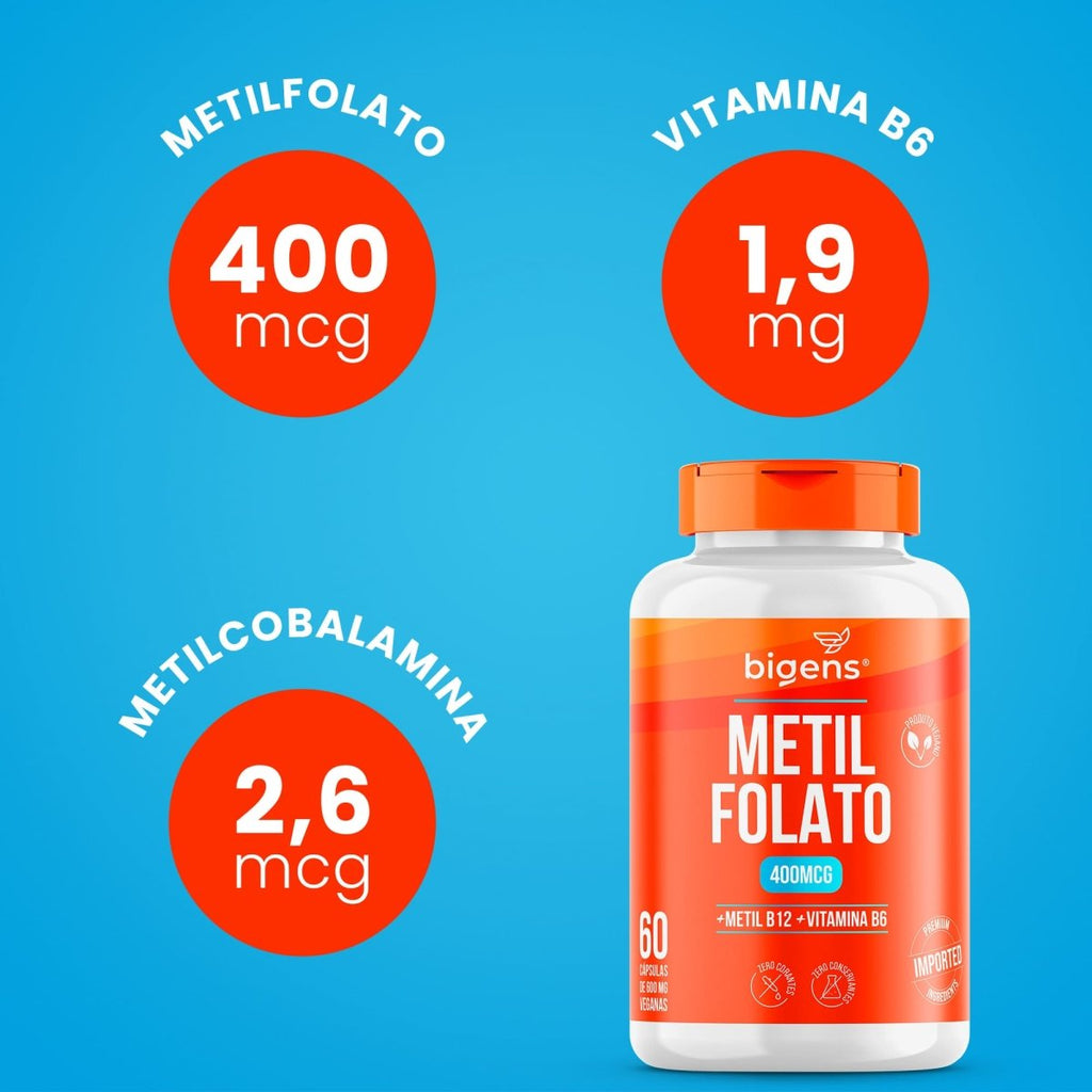 Metilfolato 400 mcg | Metil B12 + B6 60 Cápsulas - Bigens
