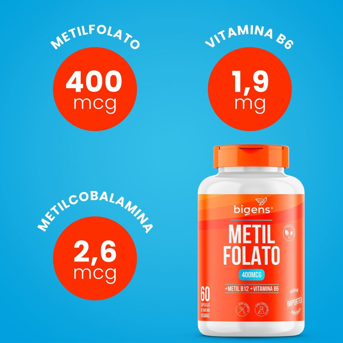 Metilfolato 400 mcg | Metil B12 + B6 60 Cápsulas - Bigens