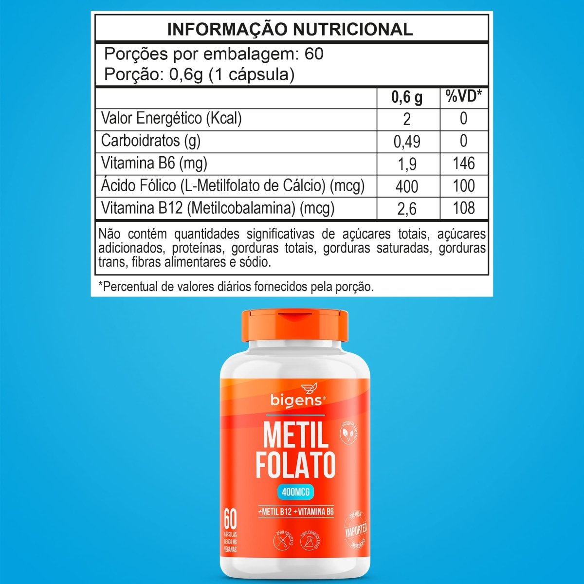 Metilfolato 400 mcg | Metil B12 + B6 60 Cápsulas - Bigens