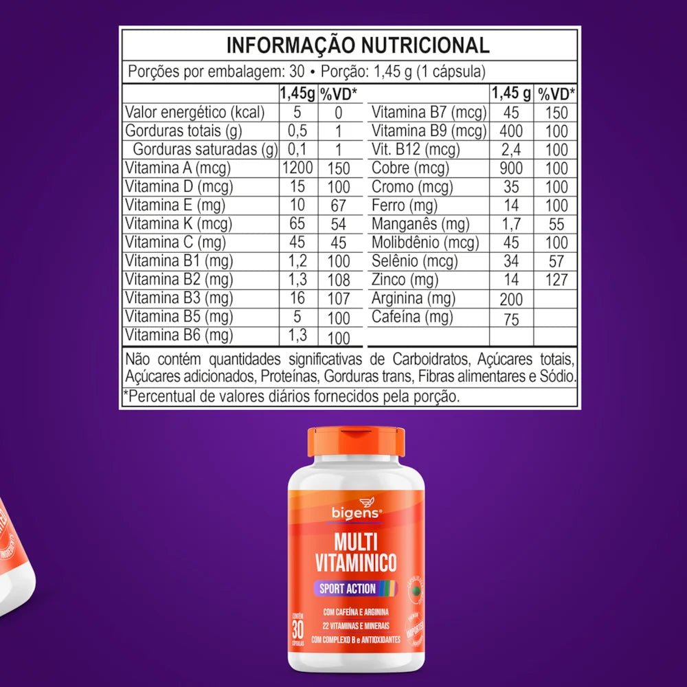 Multivitamínico Sport | Cafeína e Arginina 30 Cápsulas - Bigens