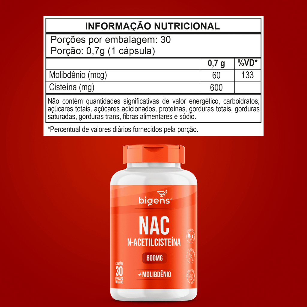 NAC N - Acetilcisteína | Molibdênio 30 Cápsulas - Bigens