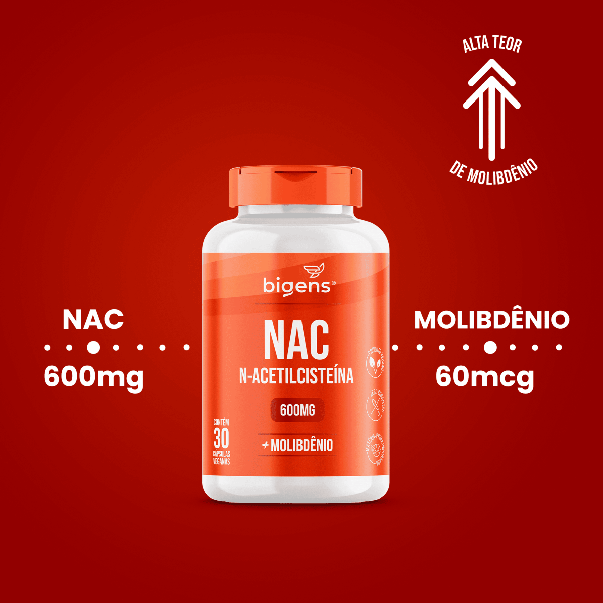 NAC N - Acetilcisteína | Molibdênio 30 Cápsulas - Bigens