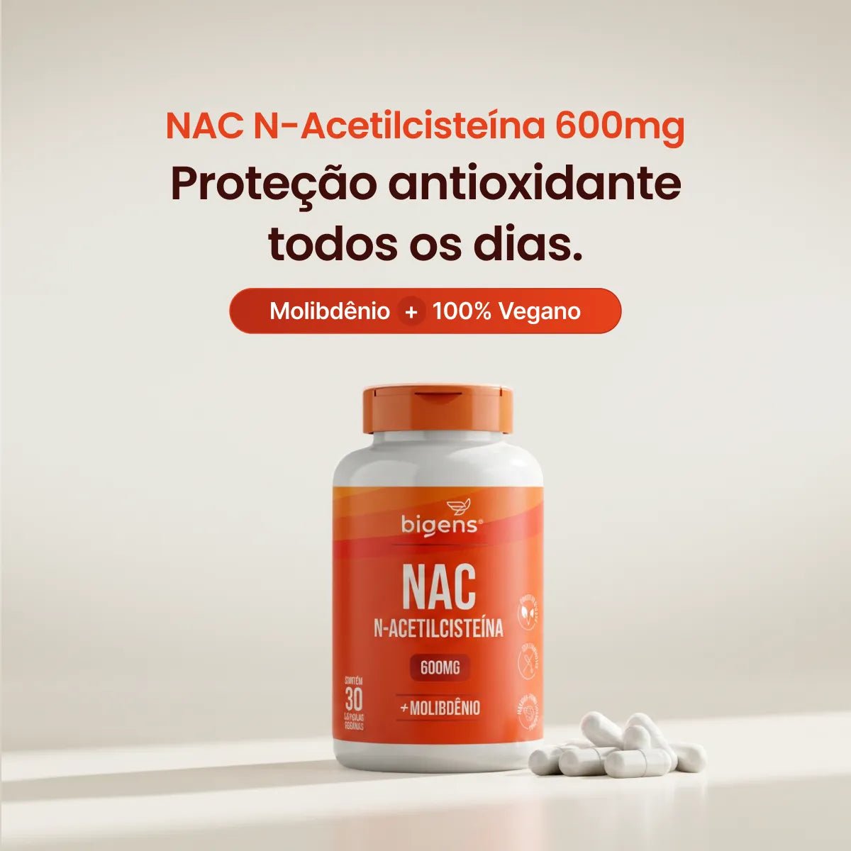 NAC N-Acetilcisteína | Molibdênio 30 Cápsulas - Aminoácidos - Bigens