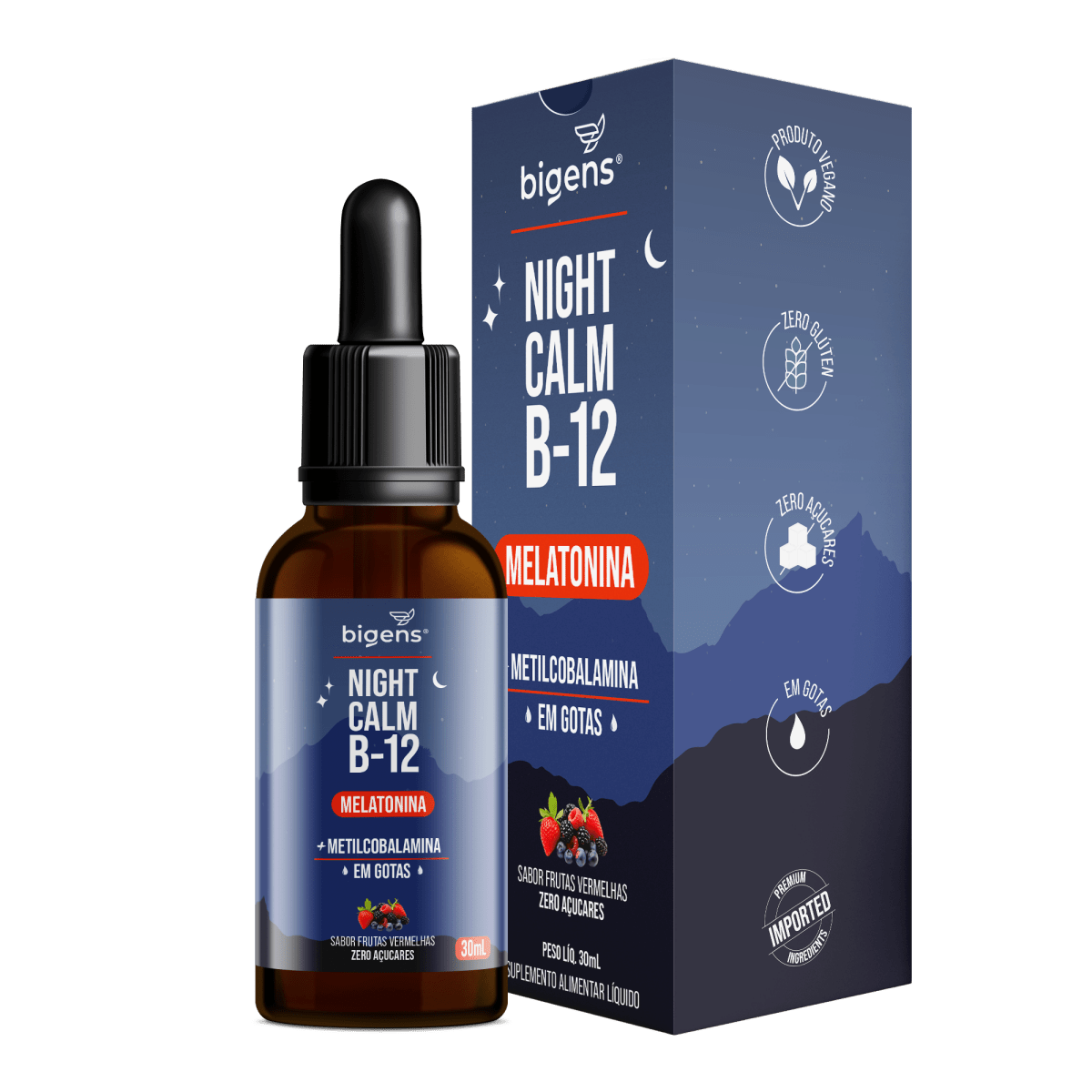 Night Calm B12 | Sabor Frutas Vermelhas Melatonina + Metil B12 30ml - Bigens