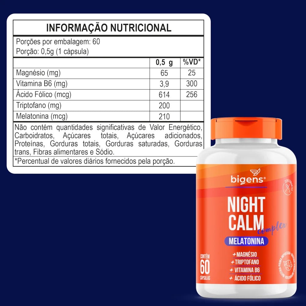 Night Calm Complex | Melatonina + Magnésio + Triptofano + Vit. B6 e B9 60 Cápsulas - Bigens