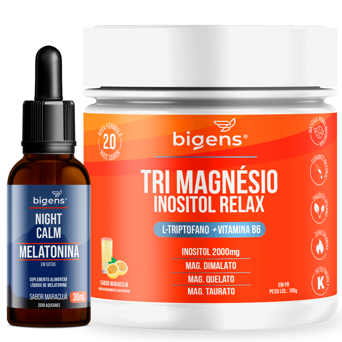 Night Calm Líquida Maracujá + Tri Magnésio Inositol Maracujá Melatonina | Triptofano + Vitamina B6 60ml + 180g - Bigens