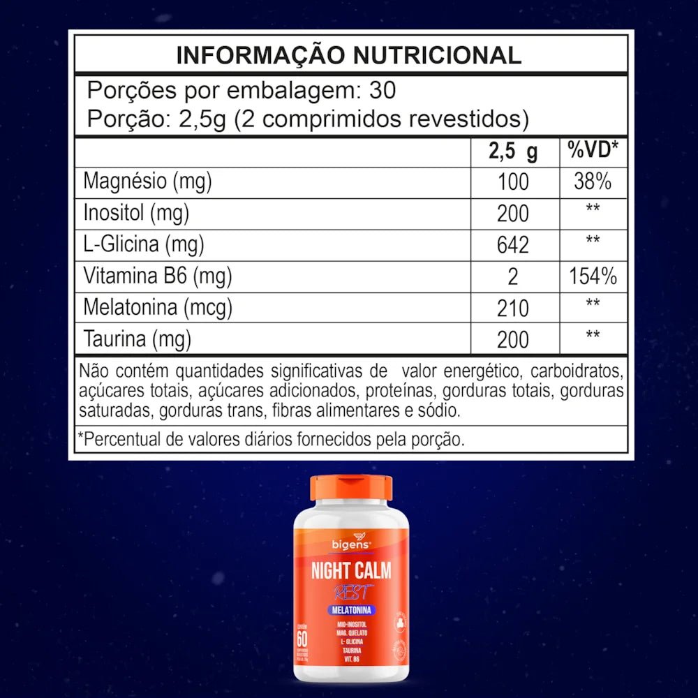 Night Calm Rest | Melatonina + Inositol + Magnésio + Glicina 60 Comprimidos - Bigens