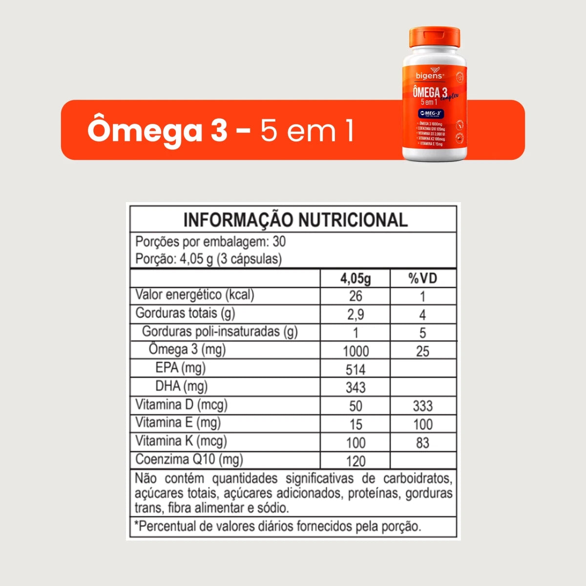 Ômega 3 Complex 5 em 1 MEG-3 1000mg 90 Cápsulas - Ômega 3 - Bigens