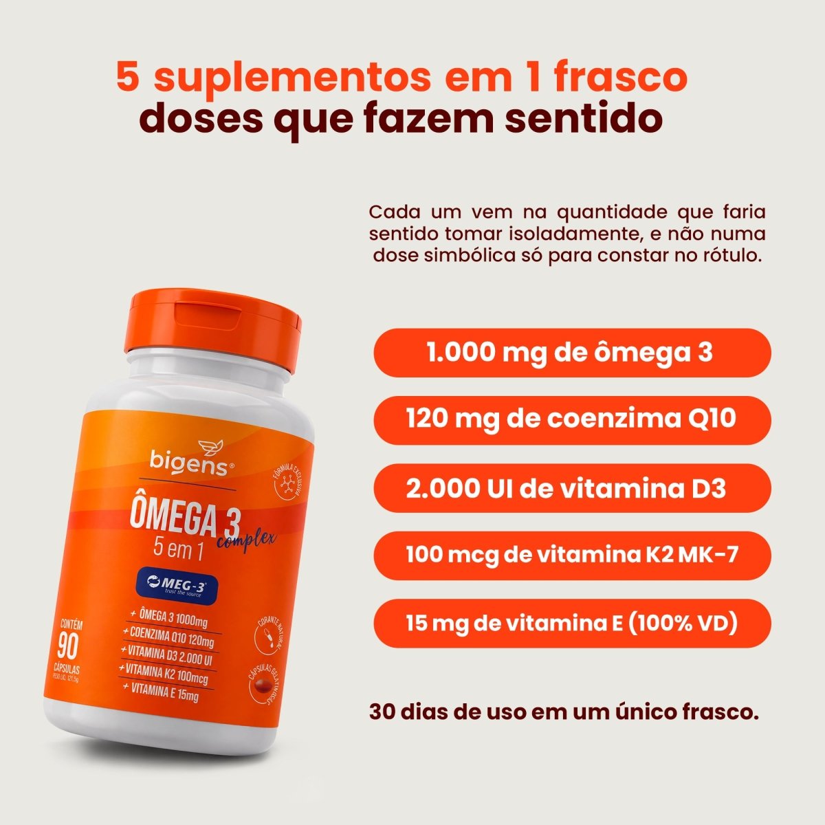Ômega 3 Complex 5 em 1 MEG-3 1000mg 90 Cápsulas - Ômega 3 - Bigens