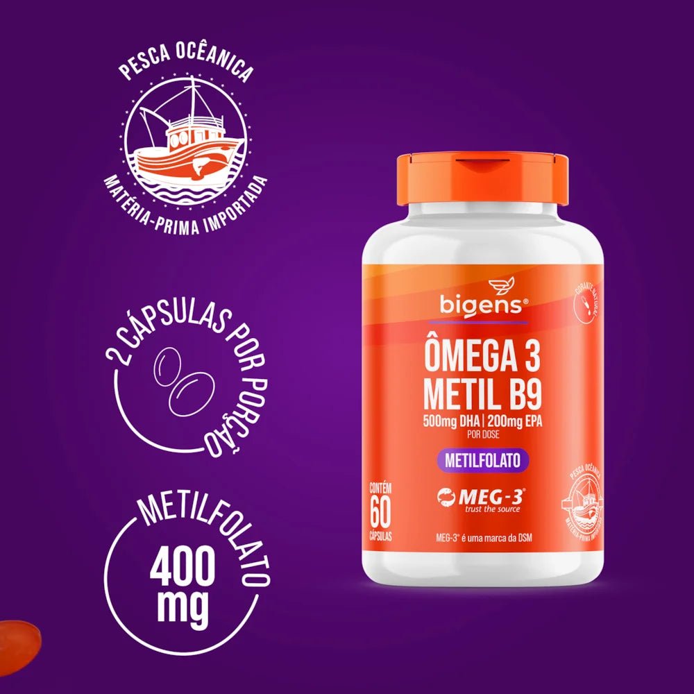 Ômega 3 + Metil B9 | Metilfolato 60 Cápsulas - Bigens