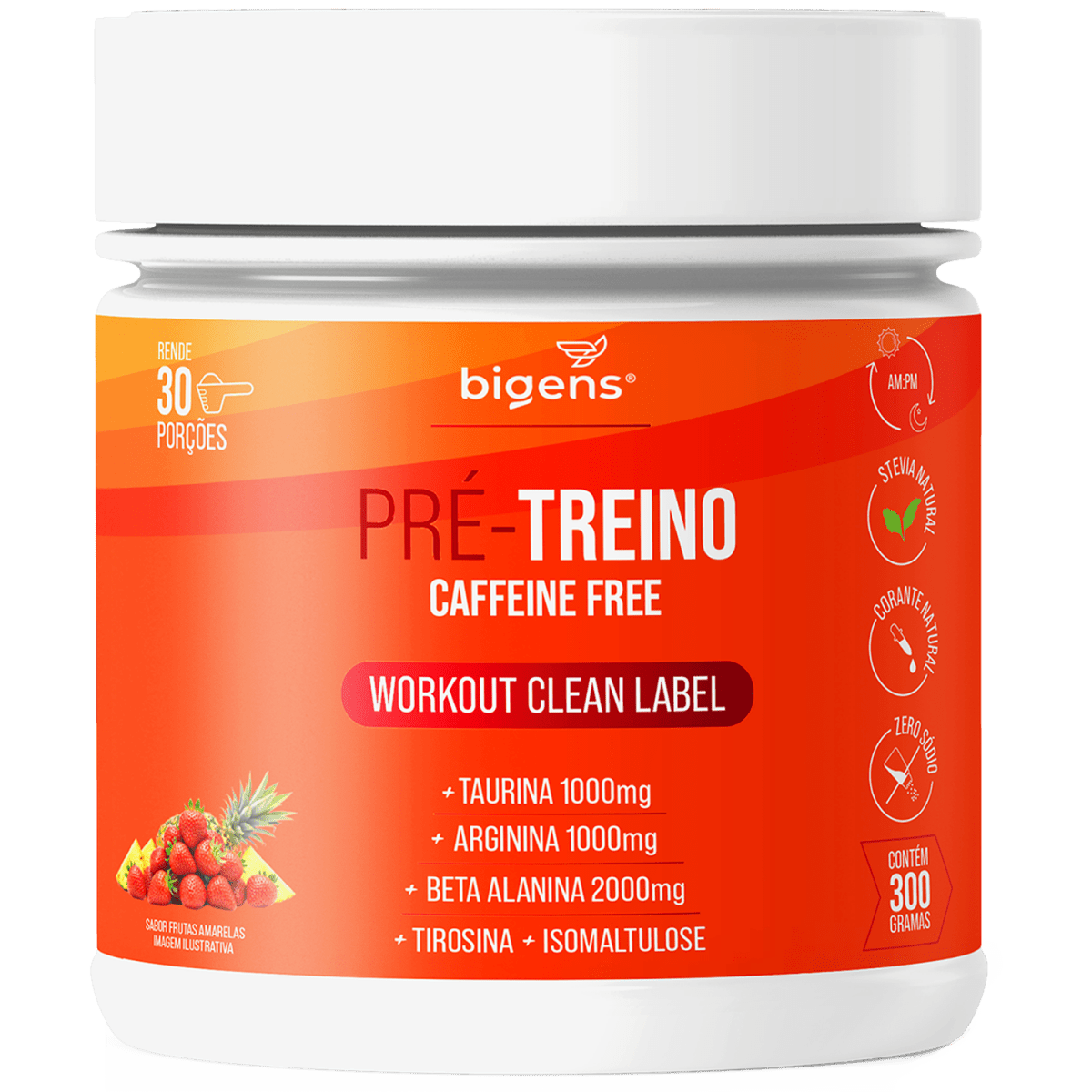 Pré - Treino Caffeine Free Morango e Abacaxi | Taurina + Arginina + Beta alanina + Tirosina e Isomaltulose 300g - Bigens