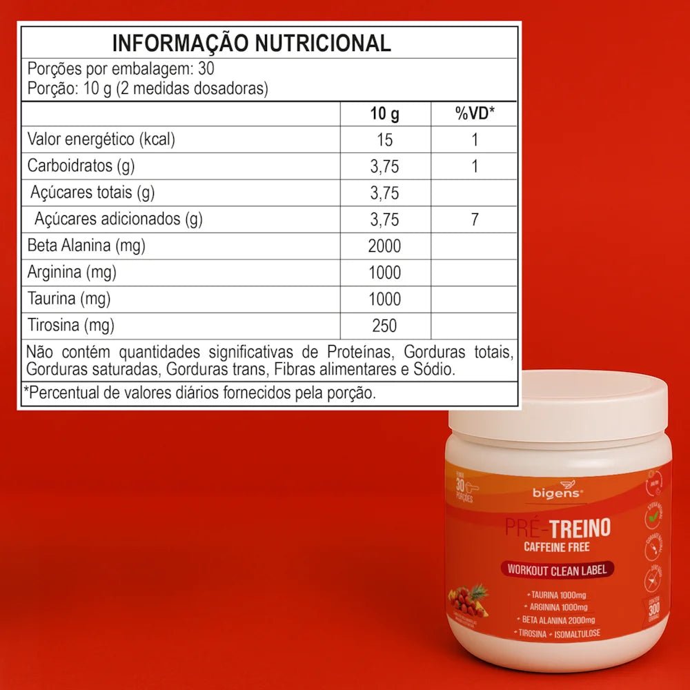 Pré - Treino Caffeine Free Morango e Abacaxi Taurina + Arginina + Beta alanina + Tirosina e Isomaltulose 300g - Bigens