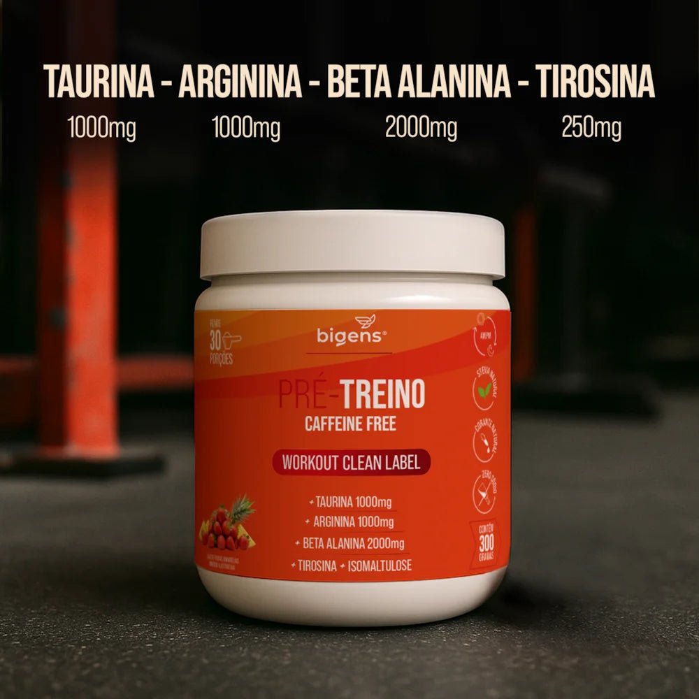 Pré - Treino Caffeine Free Morango e Abacaxi Taurina + Arginina + Beta alanina + Tirosina e Isomaltulose 300g - Bigens