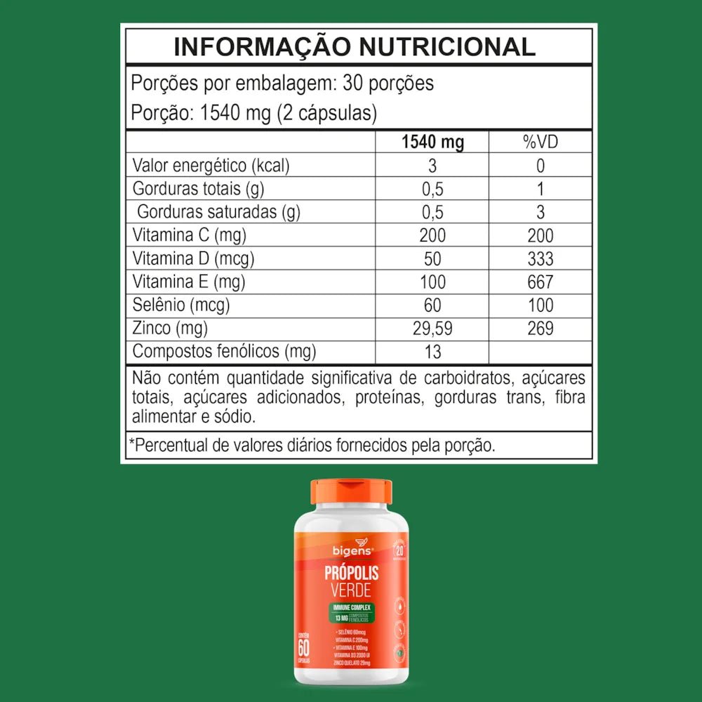 Própolis Verde Complex Zinco +Selenio +Vitamina D3 +Compostos Fenólicos 60 Cápsulas - Bigens