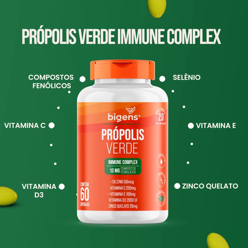 Própolis Verde Complex Zinco +Selenio +Vitamina D3 +Compostos Fenólicos 60 Cápsulas - Bigens