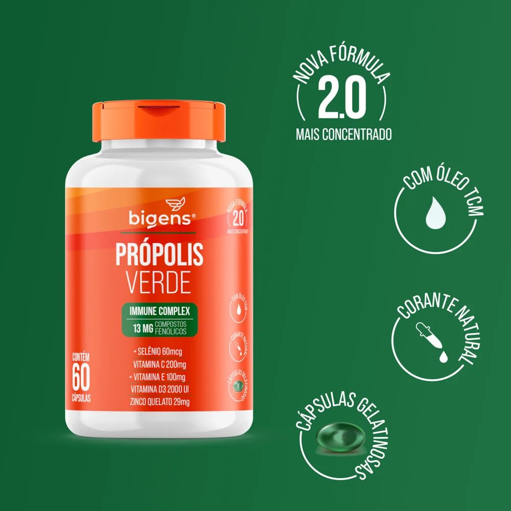 Própolis Verde Complex Zinco +Selenio +Vitamina D3 +Compostos Fenólicos 60 Cápsulas - Bigens