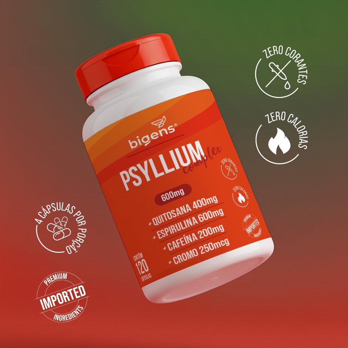 Psyllium Complex | 600mg Espirulina, Cafeína e Cromo 120 Cápsulas - Bigens