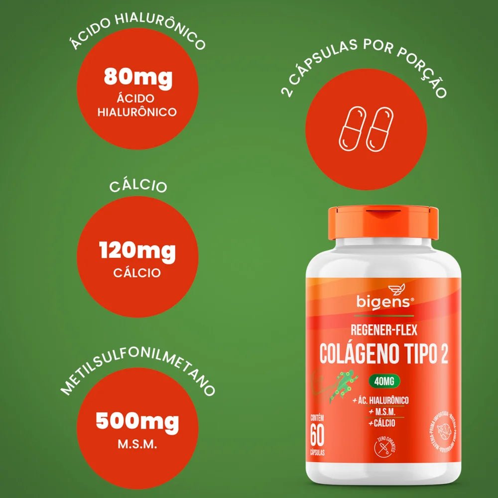 Regener Flex Colágeno Tipo 2 + Cálcio 60 Cápsulas - Bigens