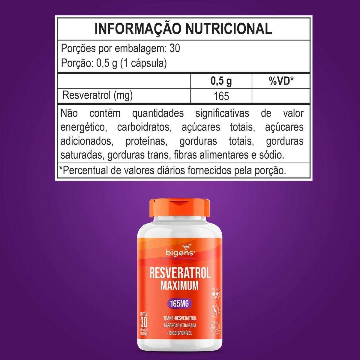 Resveratrol | 165mg Trans - Resveratrol 30 Cápsulas - Bigens