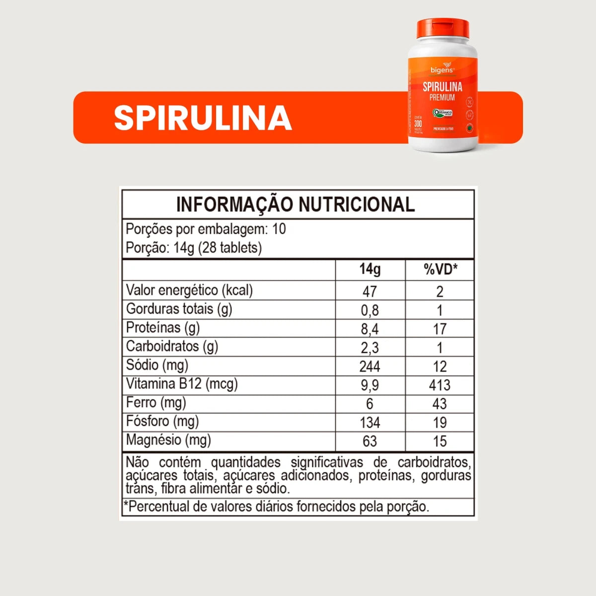 Spirulina Premium | Orgânico Prensado a Frio 300 tabletes - Fitoterápicos - Bigens