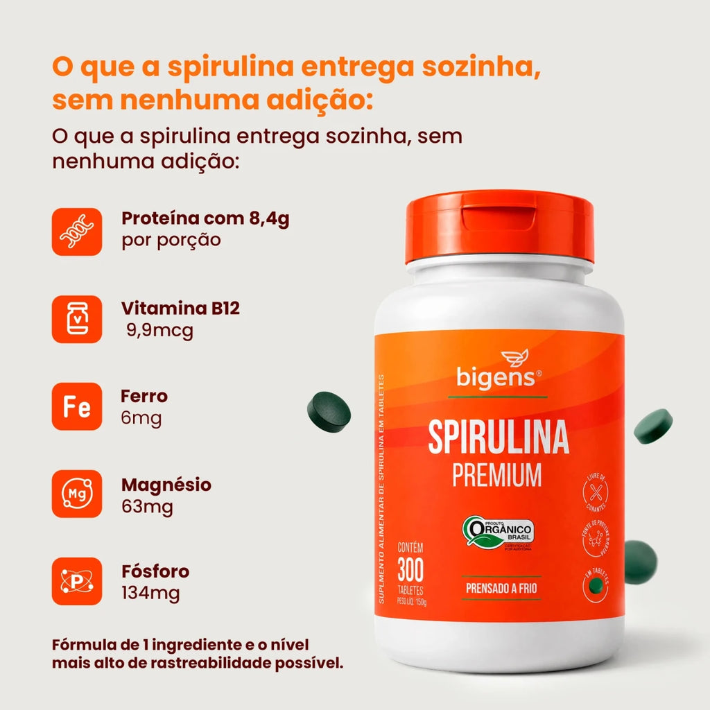 Spirulina Premium | Orgânico Prensado a Frio 300 tabletes - Fitoterápicos - Bigens