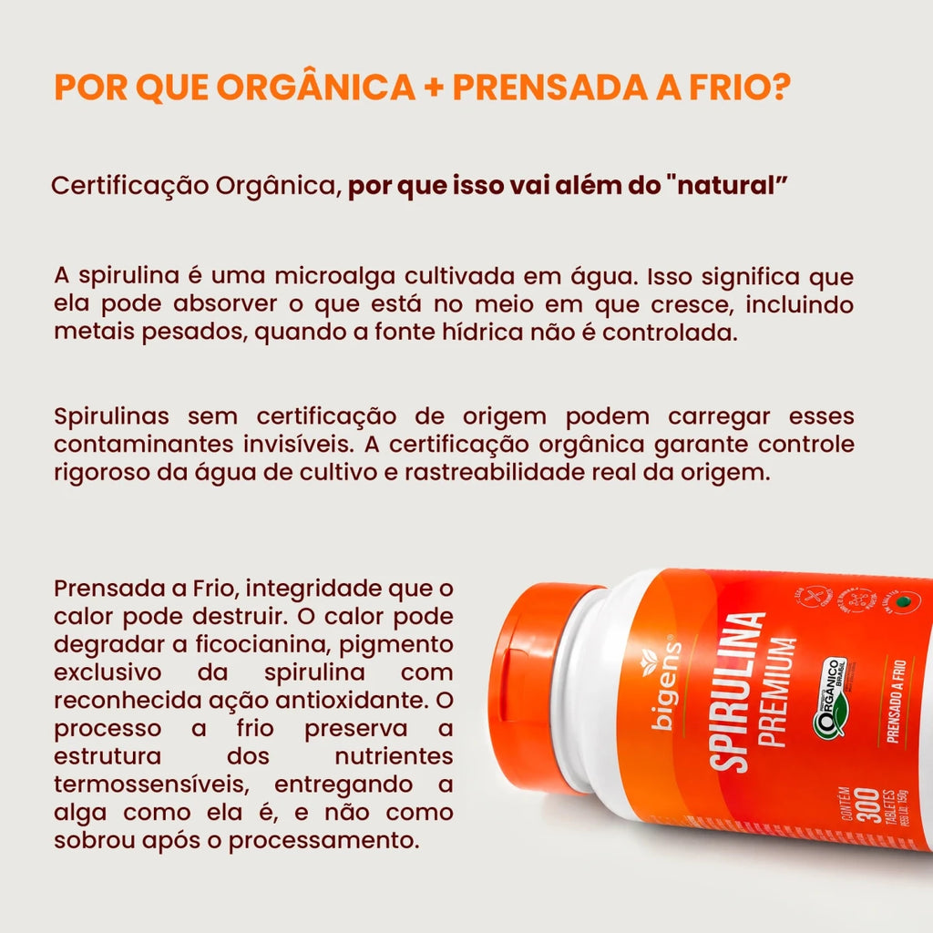 Spirulina Premium | Orgânico Prensado a Frio 300 tabletes - Fitoterápicos - Bigens