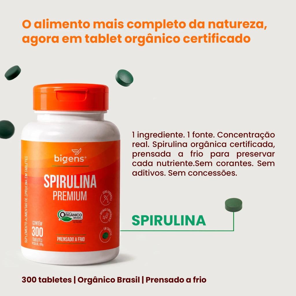Spirulina Premium | Orgânico Prensado a Frio 300 tabletes - Fitoterápicos - Bigens