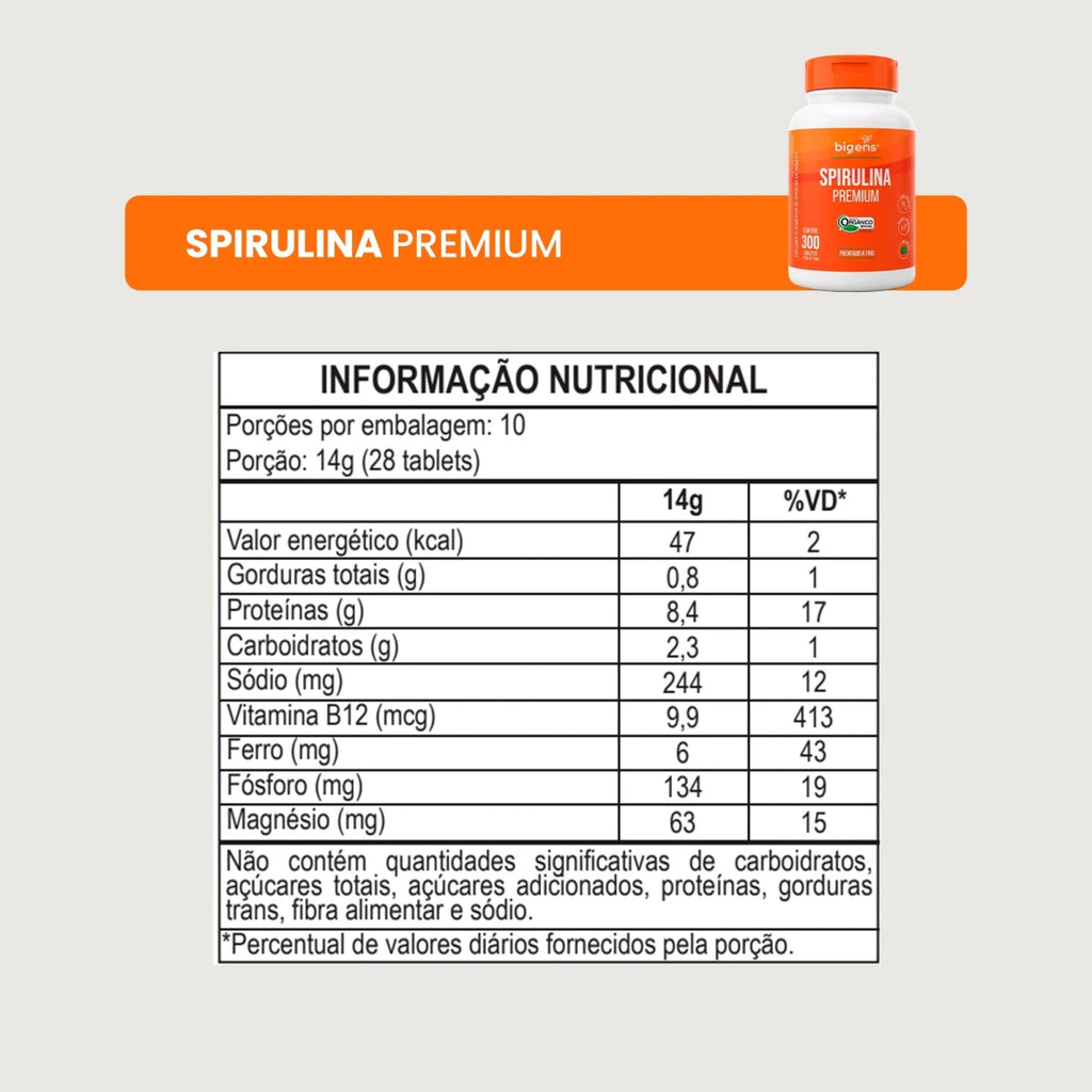 Spirulina Premium | Orgânico Prensado a Frio 300 tabletes - Fitoterápicos - Bigens