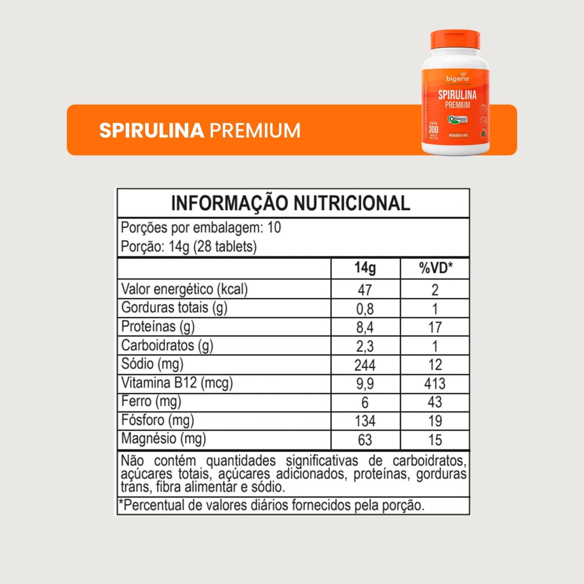 Spirulina Premium | Orgânico Prensado a Frio 300 tabletes - Fitoterápicos - Bigens