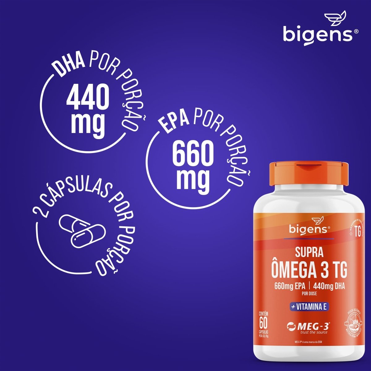 Ômega 3: Suplementos EPA DHA Alta Concentração selo MEG-3 e IFOS | Bigens