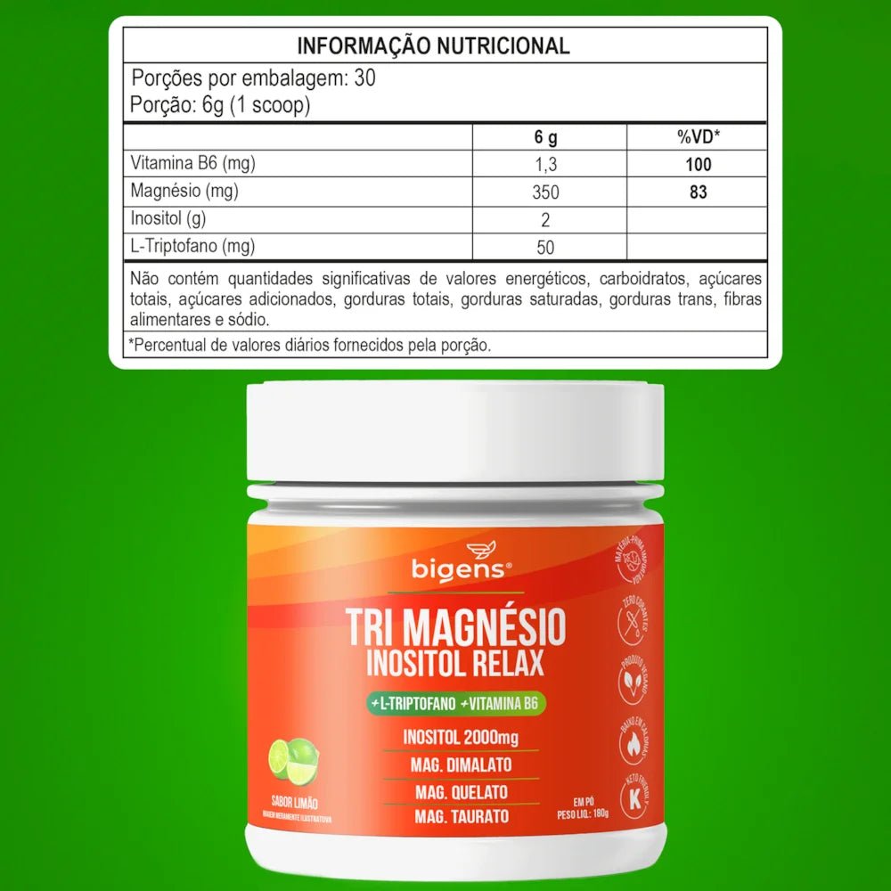 Tri Magnésio Inositol Limão | Triptofano + Vitamina B6 180g - Bigens