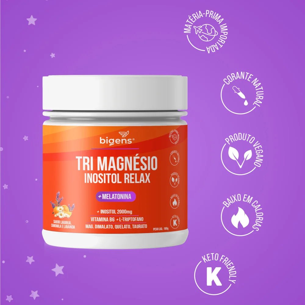 Tri Magnésio Inositol + Melatonina Lavanda | Triptofano + Vitamina B6 180g - Bigens
