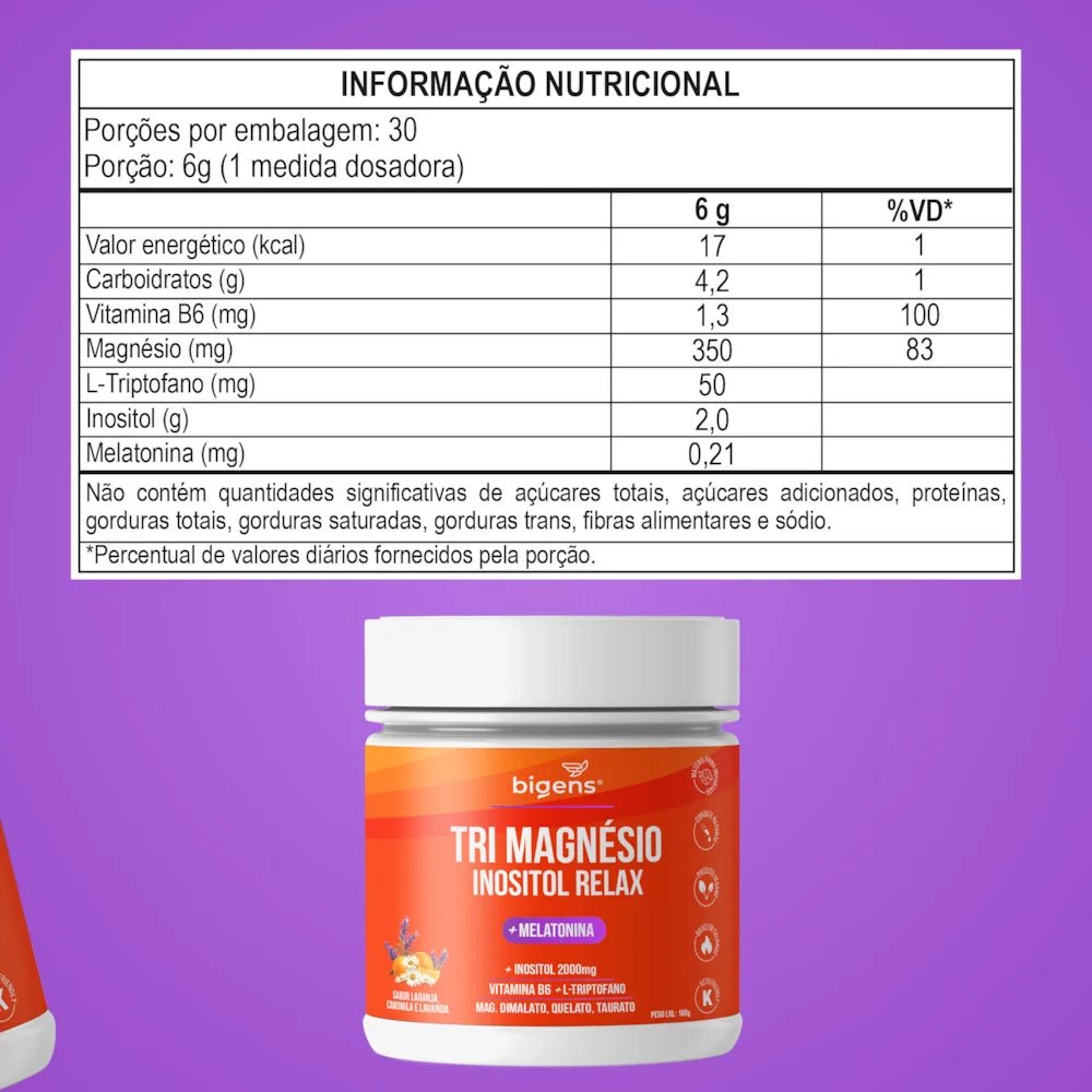 Tri Magnésio Inositol + Melatonina Lavanda | Triptofano + Vitamina B6 180g - Bigens