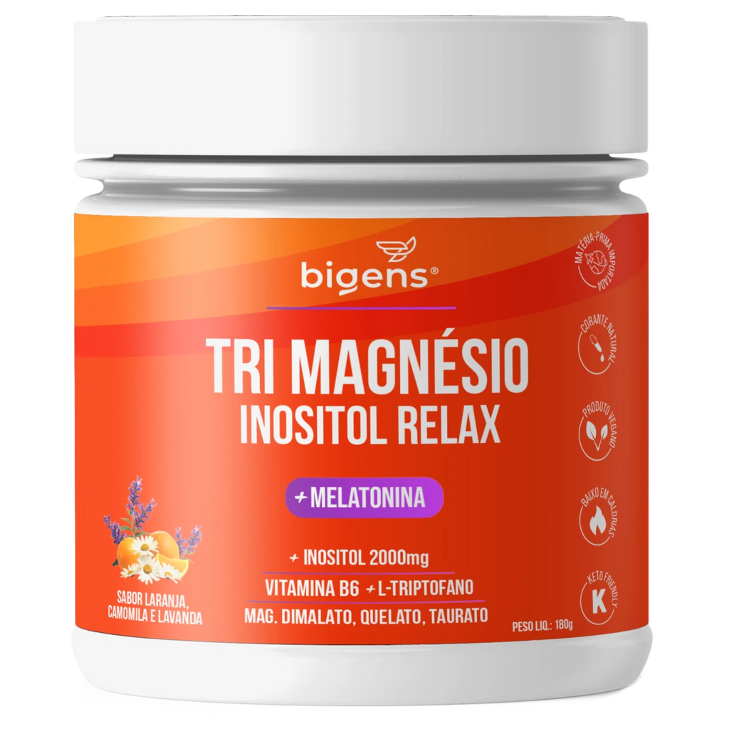 Tri Magnésio Inositol + Melatonina | Sabor Laranja, Camomila e Lavanda, Triptofano + Vitamina B6 180g - Bigens