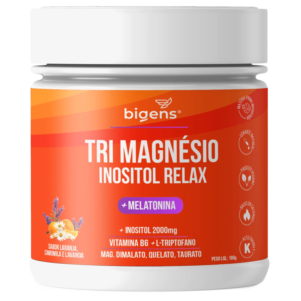 Tri Magnésio Inositol + Melatonina | Sabor Laranja, Camomila e Lavanda, Triptofano + Vitamina B6 180g - Bigens