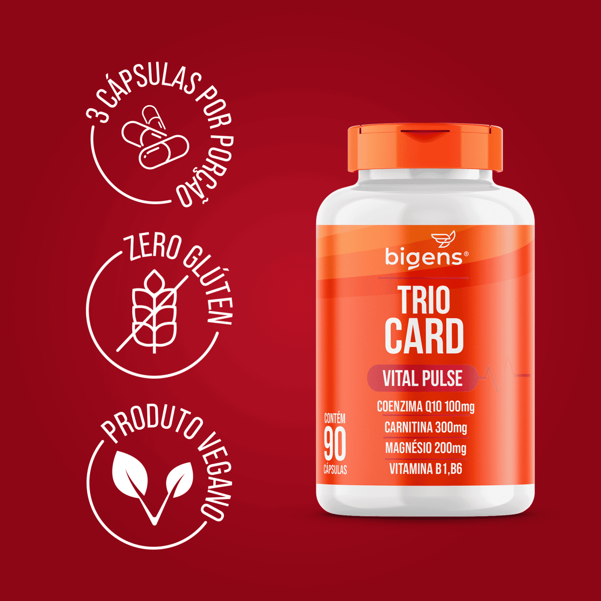 Trio Card | Coenzima Q10 + Carnitina + Magnésio + Vit. B1, B6 90 Cápsulas - Bigens