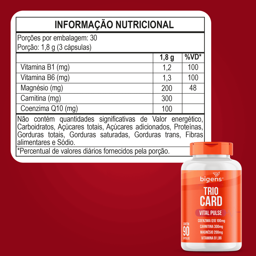 Trio Card | Coenzima Q10 + Carnitina + Magnésio + Vit. B1, B6 90 Cápsulas - Bigens