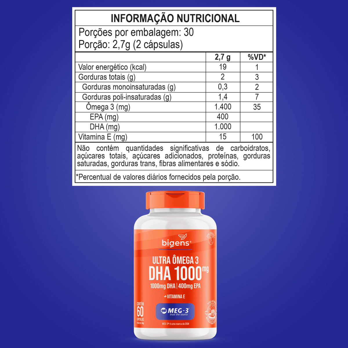 Ultra Ômega 3 | EPA 400mg DHA 1000mg + Vitamina E 60 Cápsulas - Bigens