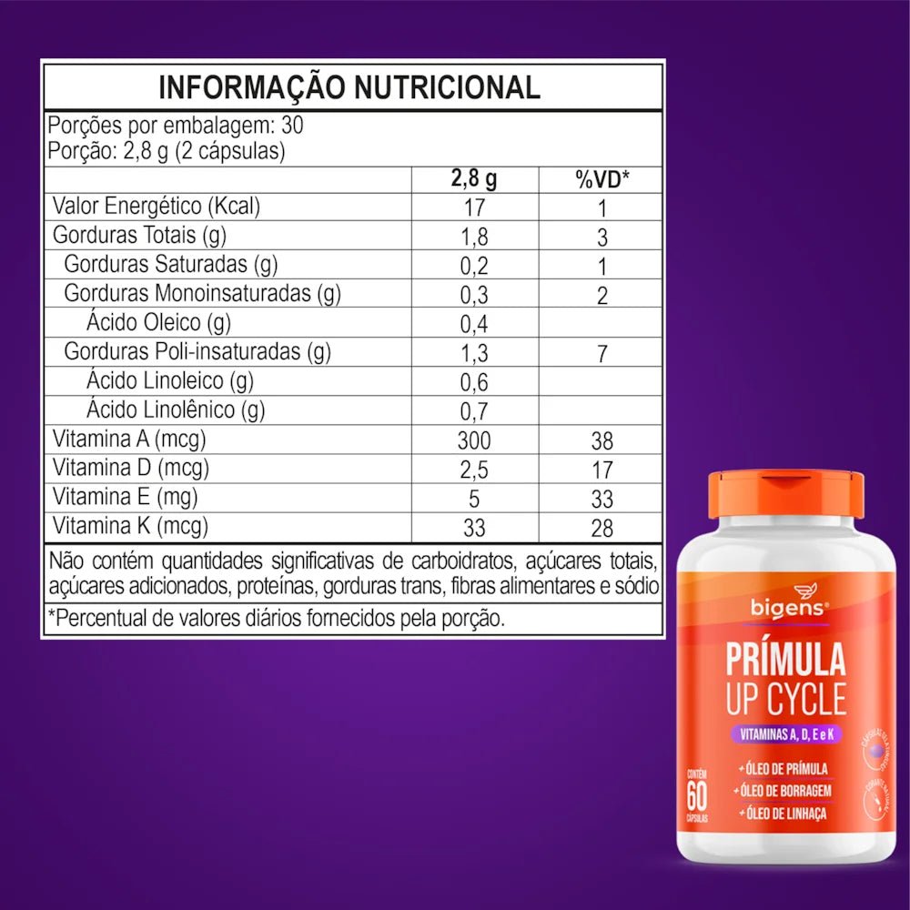 Up Cycle Prímula, Borragem, Linhaça, Vitaminas A, D, E e K 60 Cápsulas - Bigens