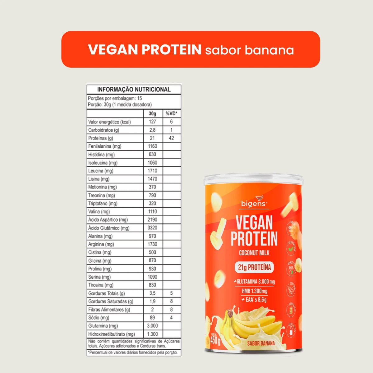 Vegan Protein Banana 21g Proteína Vegana 450g - Proteína - Bigens