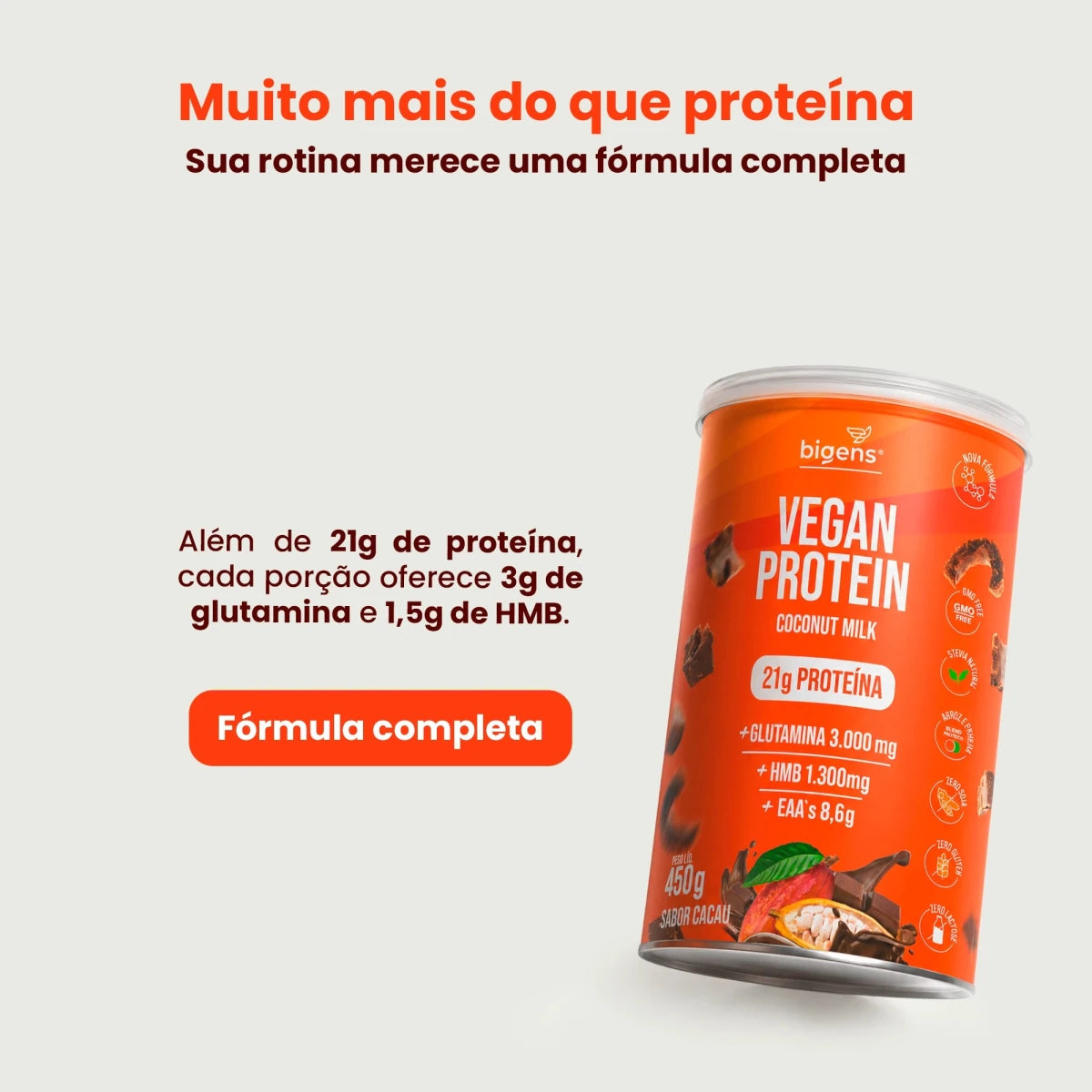 Vegan Protein Cacau 21g Proteína Vegana 450g - Proteína - Bigens