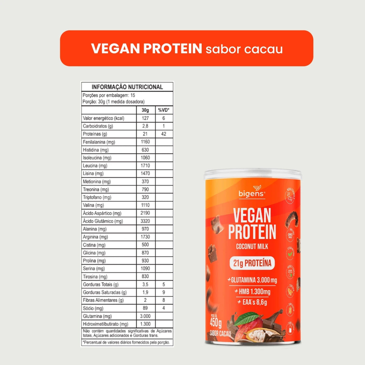 Vegan Protein Cacau 21g Proteína Vegana 450g - Proteína - Bigens