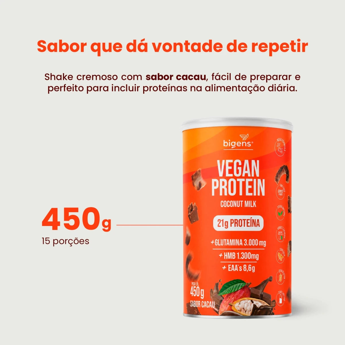 Vegan Protein Cacau 21g Proteína Vegana 450g - Proteína - Bigens