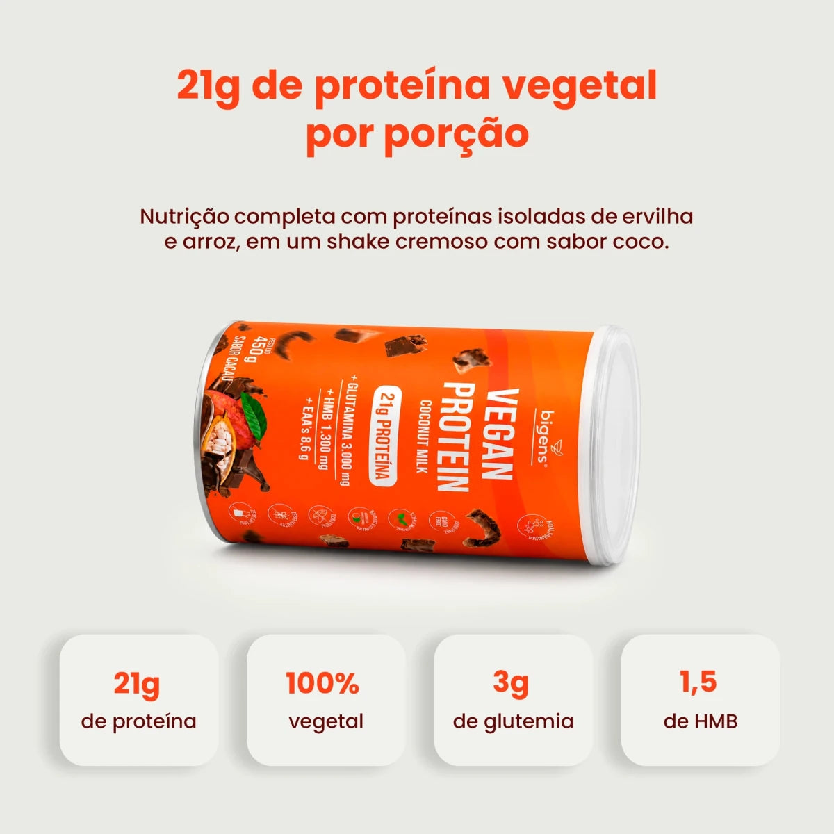 Vegan Protein Cacau 21g Proteína Vegana 450g - Proteína - Bigens