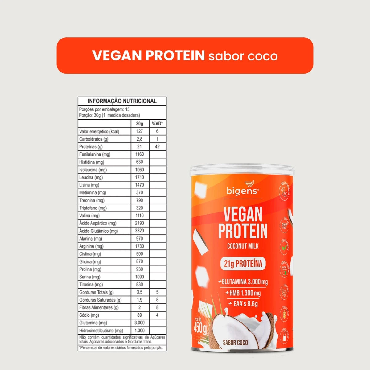 Vegan Protein Coco 21g Proteína Vegana 450g - Proteína - Bigens