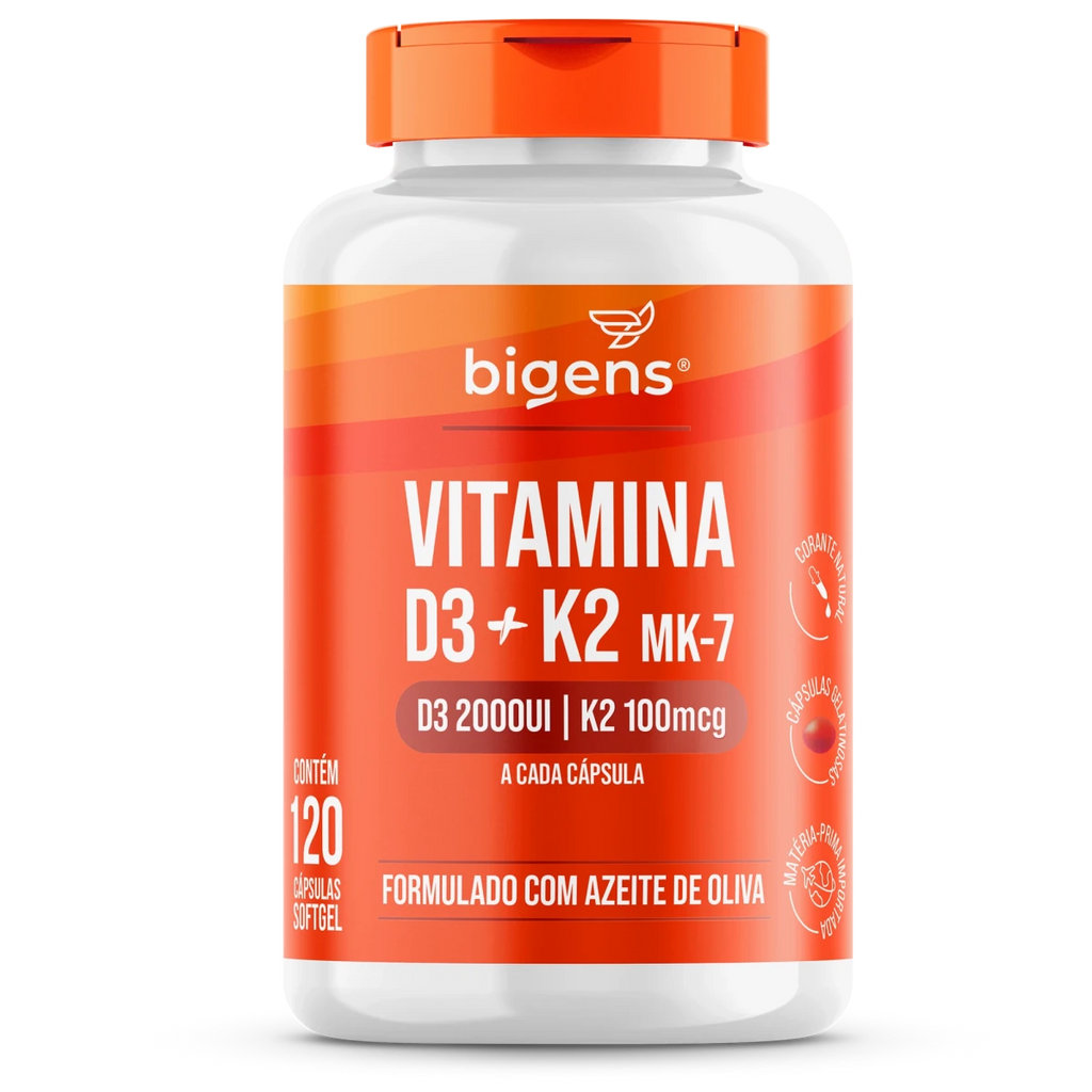 Vitamina D3 + K2 MK7 2000 UI 100mcg 60 ou 120 Cápsulas - Bigens