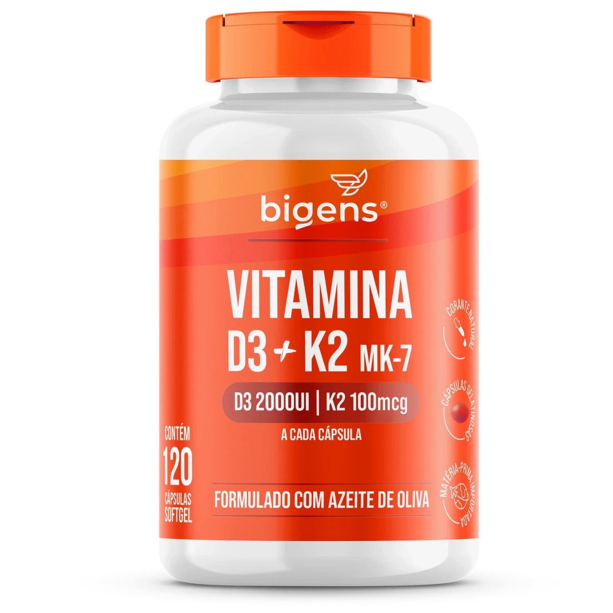 Vitamina D3 + K2 MK7 2000 UI 100mcg 60 ou 120 Cápsulas - Bigens